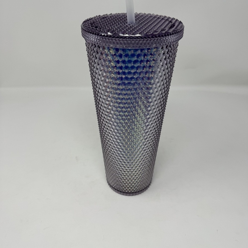 Purple Studded Tumbler Cup Reusable Cold Drink Straw Lid Plastic Geometric Shape